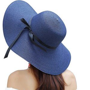 Sun Hat Summer Women Wide Brim Straw Dark Blue